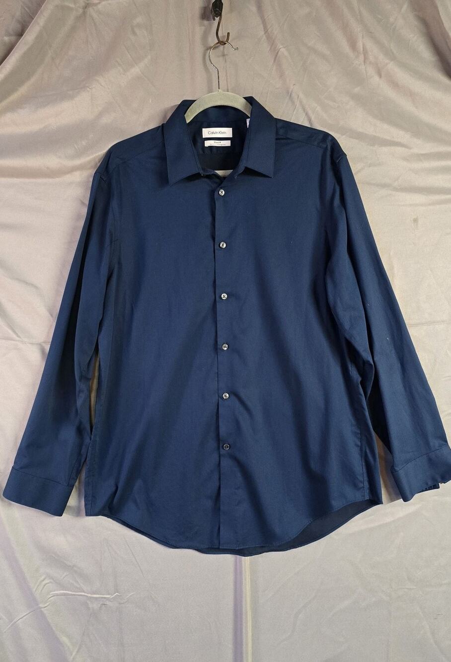 Calvin Klein Shirt Mens L 16.5 32/33 Blue Herringbone Slim Fit Twill Dress